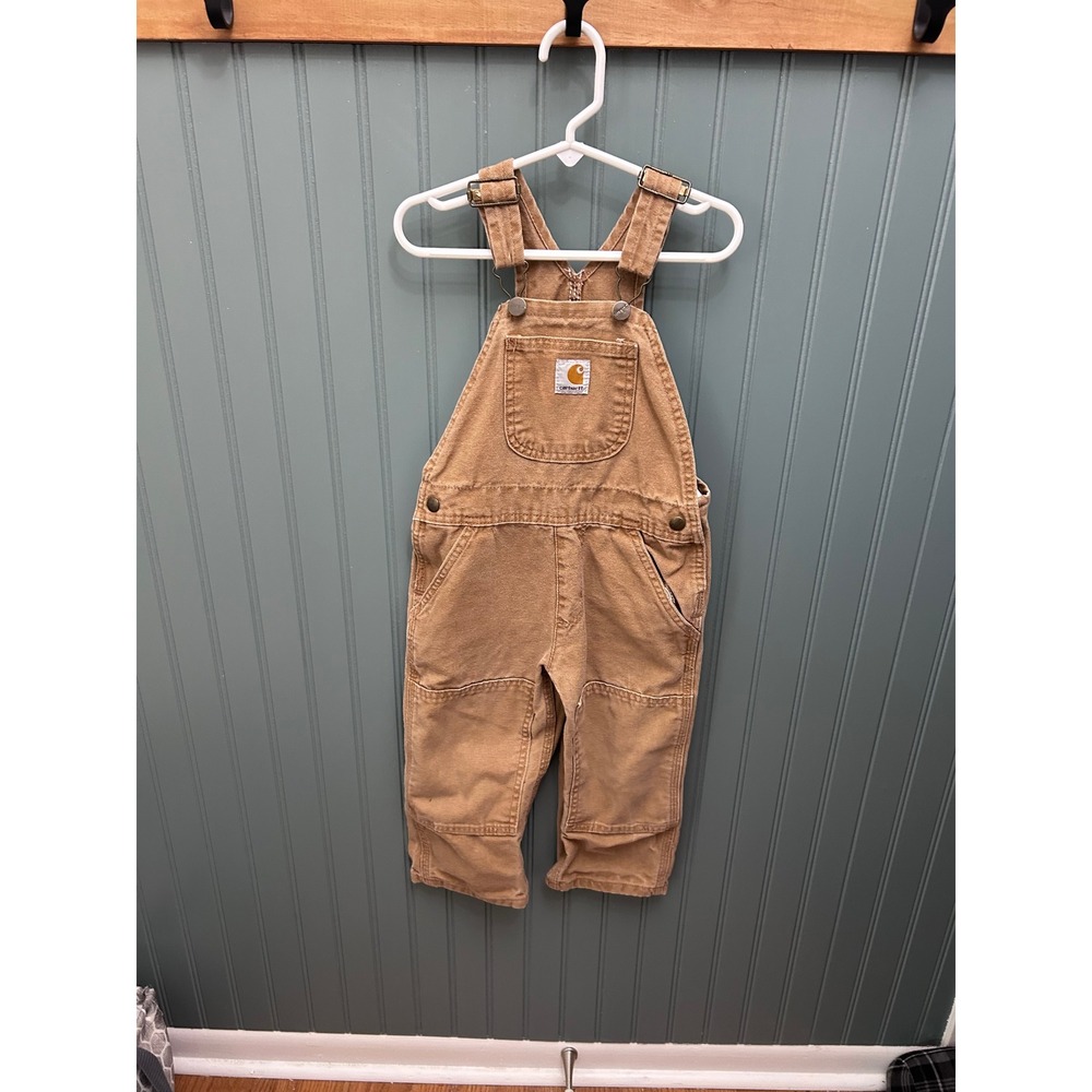 Carhartt Kids Brown Duck Canvas‎ Double Knee Bib Overalls YTR01 BRN Size 3T Reg